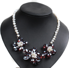 Gorgeous Party Style Natural White Freshwater Pearl Red Brown Crystal Flower Bib Necklace