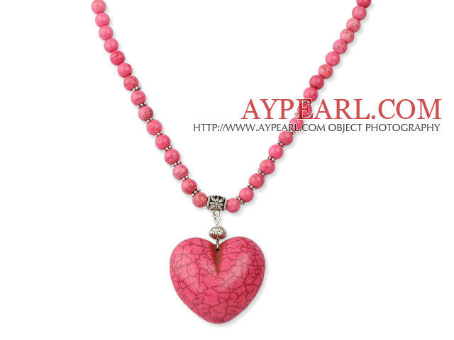 Classic Design Round Dyed Pink Turquoise Necklace with Heart Shape Pendant