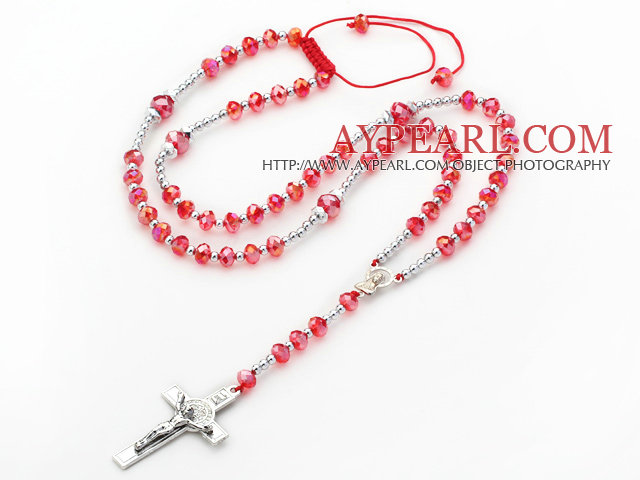 Long Style Red Manmade Crystal Y Shape Extedable Necklace with Cross Pendant