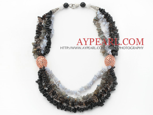 Black Series Multi Strands Flash Stone and Smoky Quartz Chips Necklace