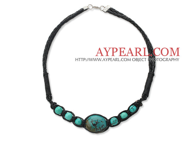 Simple Design Green Turquoise Leather Necklace with Black Leather