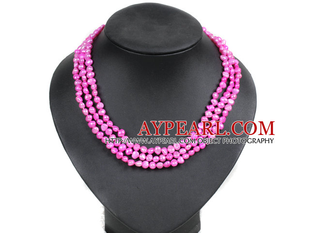 Fashion Style 3 Strand Natural Red Rose Freshwater Pearl Necklace