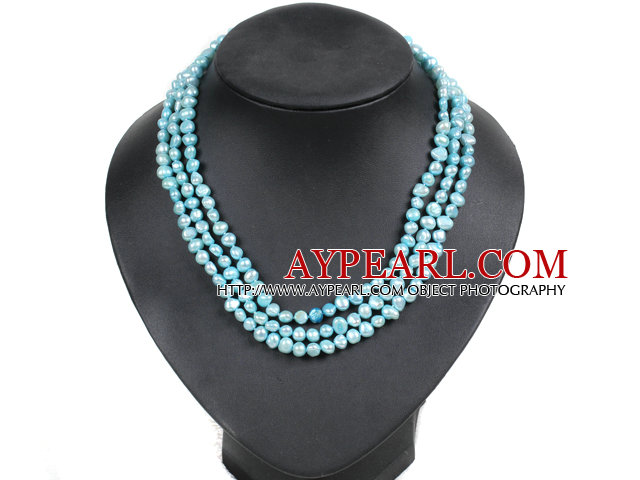 Fashion Style 3 Strand Natural Light Blue Freshwater Pearl Necklace