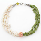 White and Olive Green Series Multi Strands White Shell and Olive Chips Necklace