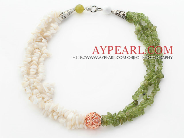 White and Olive Green Series Multi Strands White Shell and Olive Chips Necklace