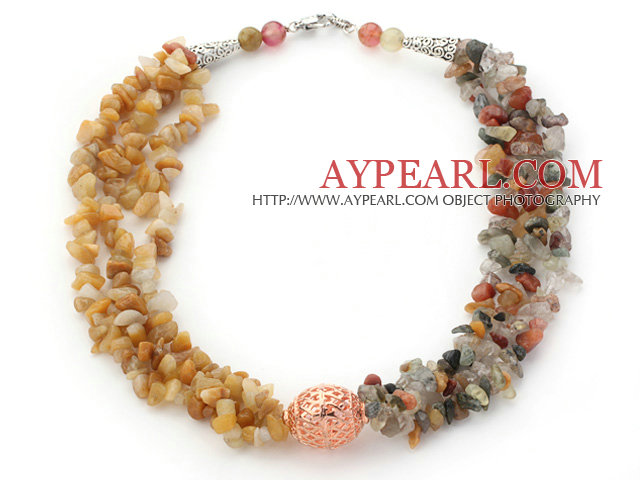 Multi Strands Yellow Jade and Multi Color Rutilated Quartz Chips Necklace