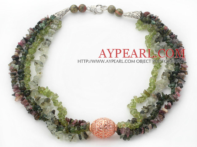 Green Series Multi Strands Tourmaline and Olive and Prehnite Chips Necklace