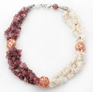 White and Pink Series Natural White Shell and Strawberry Quartz Chips Necklace