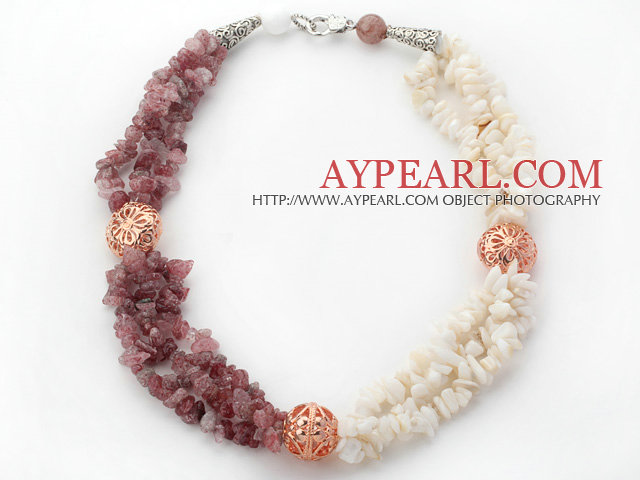 White and Pink Series Natural White Shell and Strawberry Quartz Chips Necklace