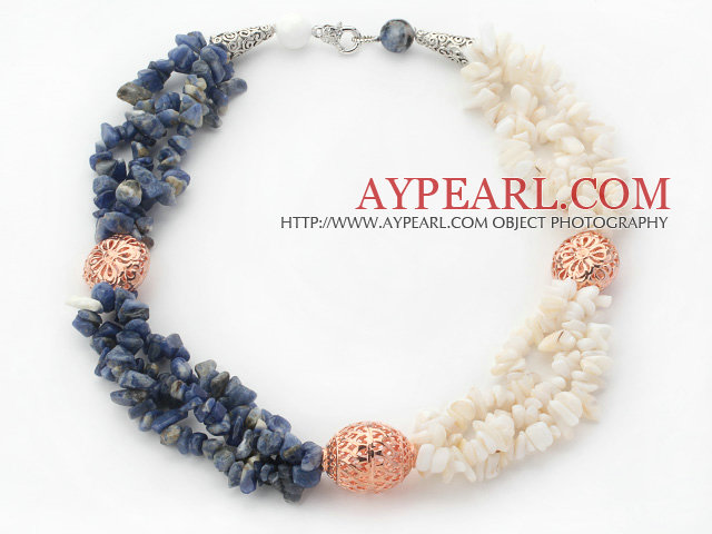 White and Blue Series Multi Strands White Shell and Sodalite Chips Necklace