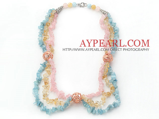 Multi Color Multi Strands Aguamarine og Citrin og Rose Quartz Chips Halskjede