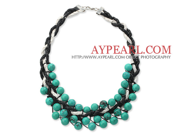 2013 Summer New Design Round Green Turquoise Woven Leather Necklace with Black and White Leather