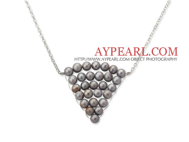 Fashion Style Silver Gray Color Freshwater Pearl Wrapped Pendant Necklace with Metal Chain