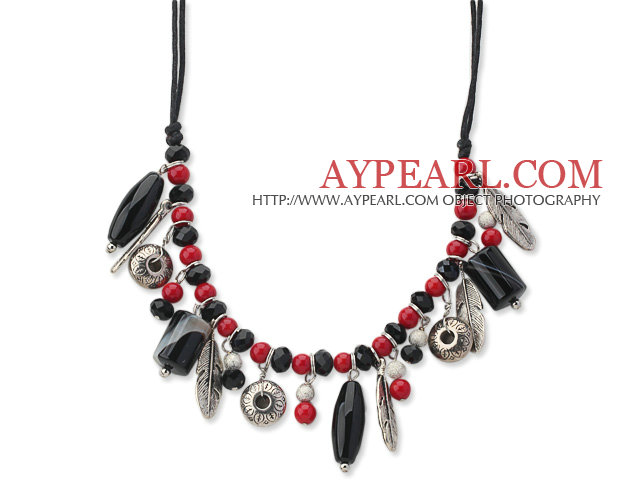 Assorted Black Agate and Red Coral Charm Necklace with Black Thread