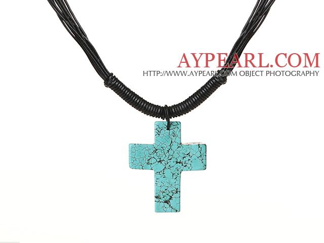 Simple Design Cross Shape Green Turquoise Pendant Leather Necklace with Black Leather