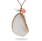Simple Style Natural White Agate Slice Pendant Necklace with Brown Leather