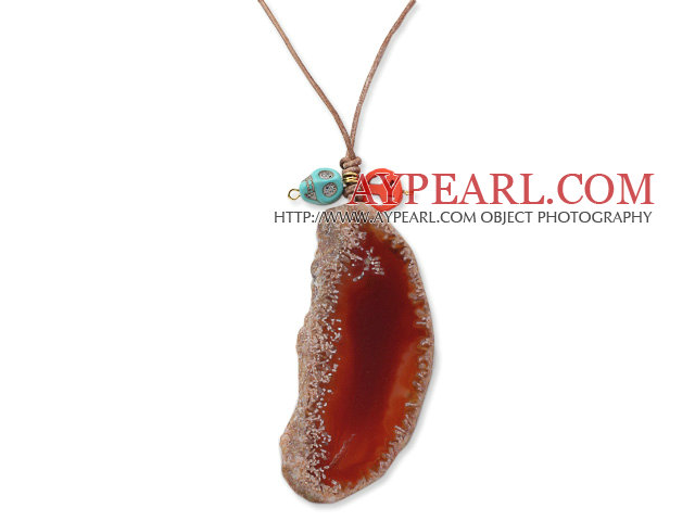 Enkel stil Natural Red Carnelian Slice anheng Halskjede med Brown Leather