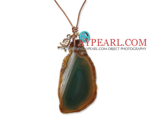 Enkel stil Natural Green Agate Slice Pendant Halsband med brunt läder