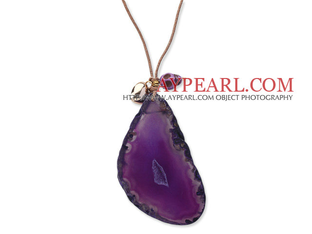 Simple Style Natural Purple Agate Slice Pendant Necklace with Brown Leather
