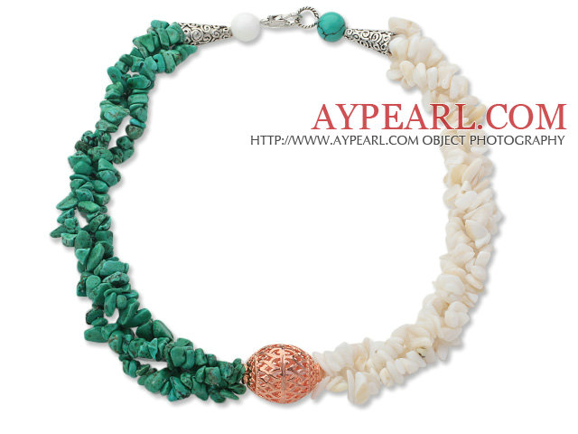 Assorted Multi Strands White Shell and Green Turquoise Chips Necklace