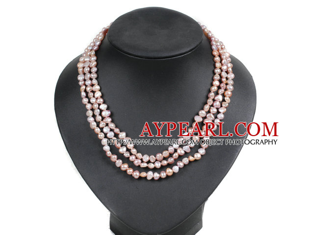 Fashion Style 3 Strand Natural Light Purple Freshwater Pearl Necklace