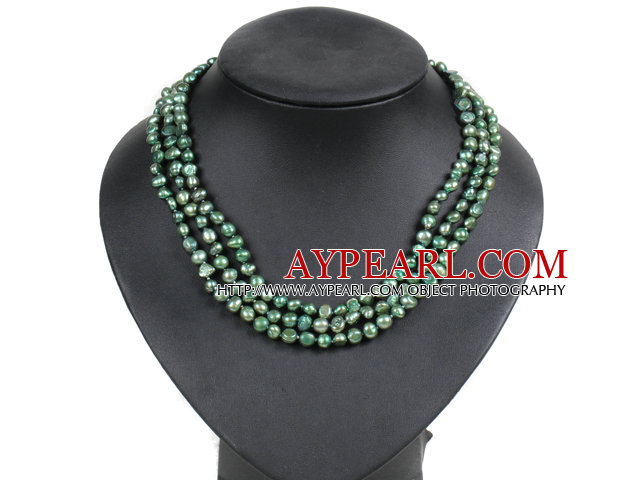 Fashion Style 3 Strand Natural Grass Grønn Freshwater Pearl Necklace