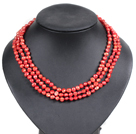 Fashion Style 3 Strand Natural Bright Red Freshwater Pearl Necklace