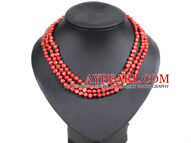 Fashion Style 3 Strand Natural Bright Red sötvattenspärla Halsband