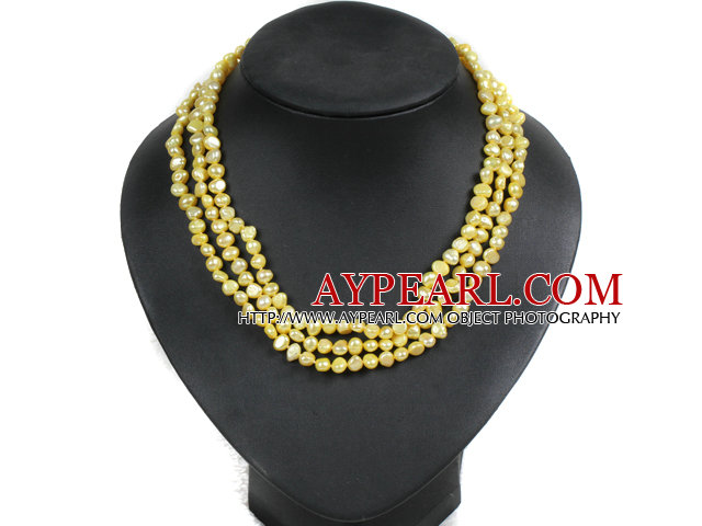 Fashion Style 3 Strand Natural Yellow Freshwater Pearl Necklace