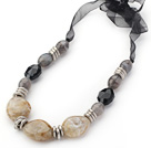 Gray Series Gray Acrylic and Black Color Crystal Necklace with Black Ribbon