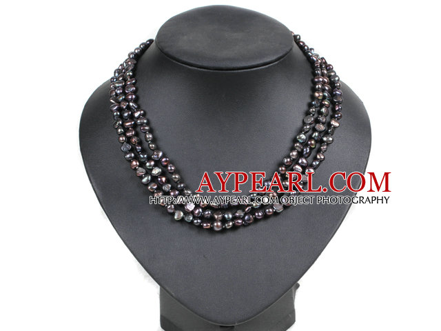 Fashion Style 3 Natural Svart Freshwater Pearl Strand Necklace