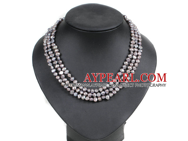 Fashion Style 3 Strand Natural Gray Freshwater Pearl Necklace