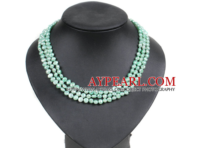 Fashion Style 3 Strand Naturlig lys Grønn Freshwater Pearl Necklace