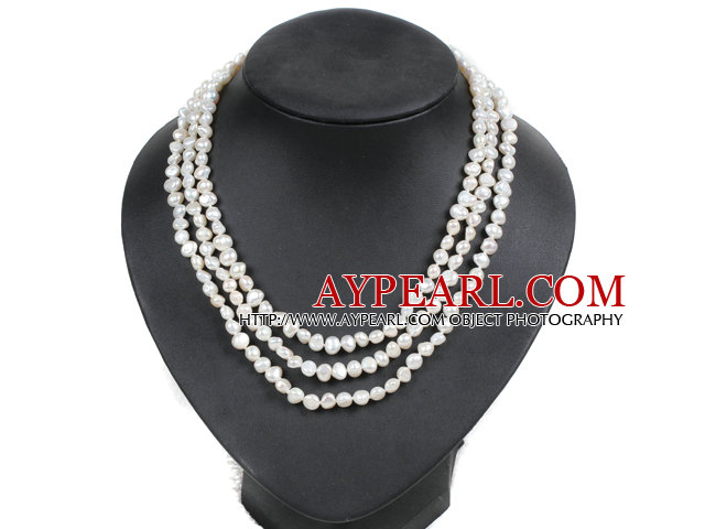 Fashion Style 3 Strand Natural White Freshwater Pearl Necklace