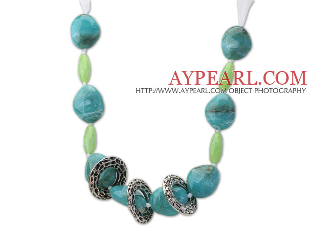 Lake Blue and Green Acrylic Necklace with White Ribbon