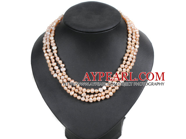 Fashion Style 3 Strand Natural Pink Freshwater Pearl Necklace