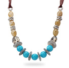 Blue and Light Yellow Acrylic Necklace with Reddish Brown Ribbon