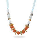White and Orange Color Acrylic Necklace with Light Blue Ribbon