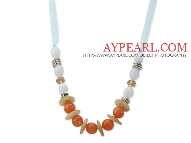 White and Orange Color Acrylic Necklace with Light Blue Ribbon