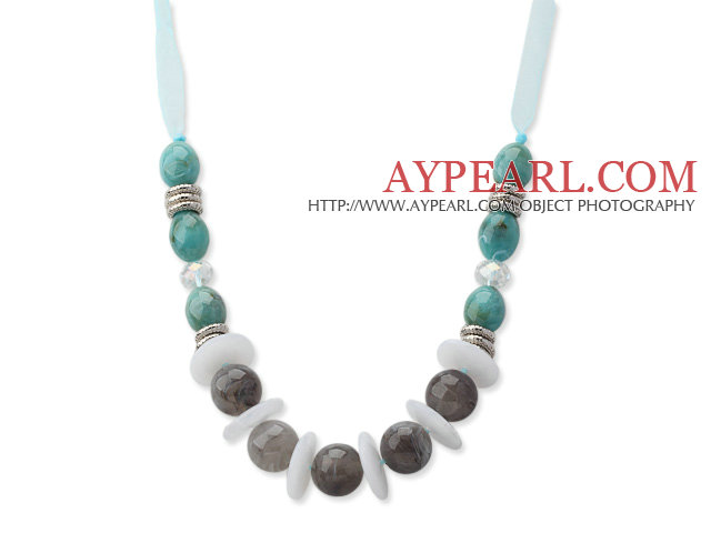 Lake Blue and Gray Acrylic Necklace with Light Blue Ribbon