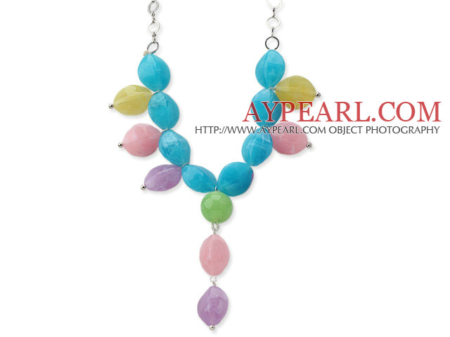 Assorted Multi Color Acrylic Y Shape Necklace with Silver Color Metal Chain