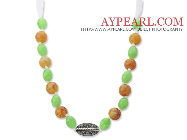 Assorted Green and Bronw Color Acrylic Necklace with White Ribbon