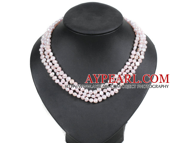 Fashion Style 3 Strand Natural Light Pretty Pink Freshwater Pearl Necklace