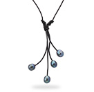 Simple Style 10-11mm Black Freshwater Pearl Leather Y Shape Necklace with Black Leather