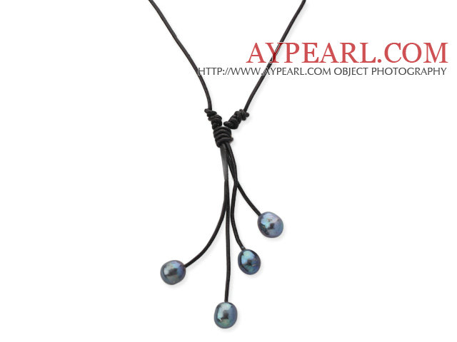 Simple Style 10-11mm Black Freshwater Pearl Leather Y Shape Necklace with Black Leather