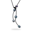 Simple Style 10-11mm Black Freshwater Pearl Leather Necklace with Black Leather