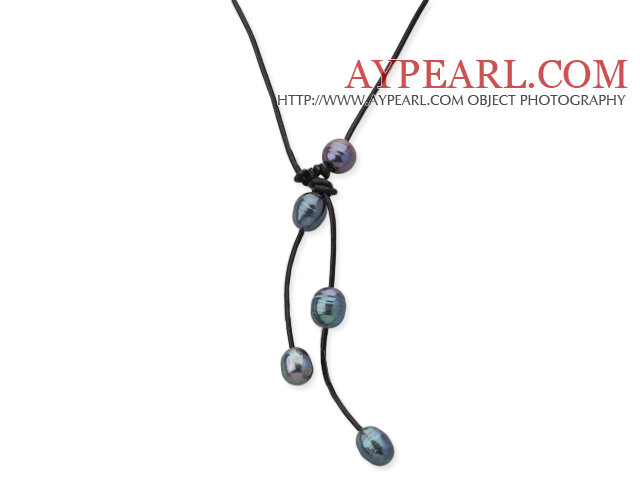 Simple Style 10-11mm Black Freshwater Pearl Leather Necklace with Black Leather