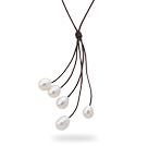 Simple Style 10-11mm White Freshwater Pearl Leather Y Shape Tassel Necklace with Brown Leather