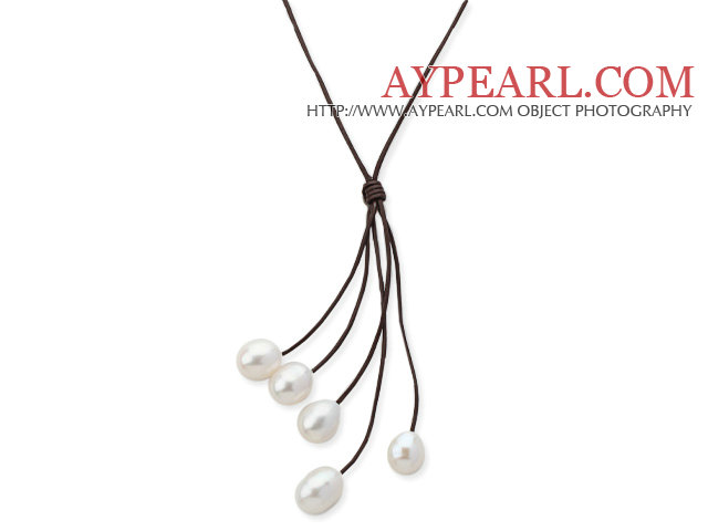 Simple Style 10-11mm White Freshwater Pearl Leather Y Shape Tassel Necklace with Brown Leather