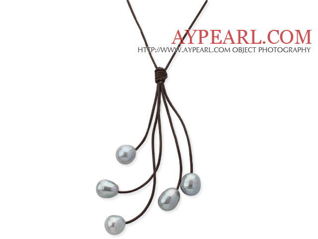 Simple Style 10-11mm Gray Freshwater Pearl Leather Y Shape Tassel Necklace with Brown Leather